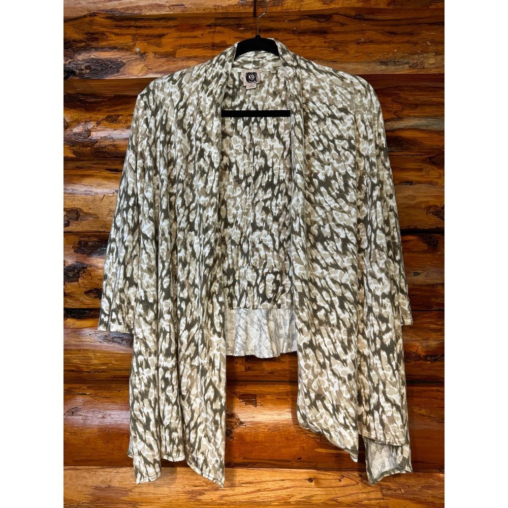 Anne Klein Open Front Olive Green Print Cardigan Size Medium